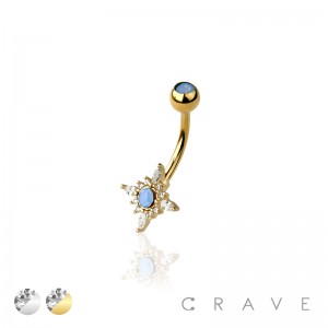 316L SURGICAL STEEL STAR BURST CZ AND OPAL STONE NON DANGLE BELLY BUTTON NAVEL RING 